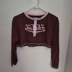 Von Dutch Maroon Cropped Henley with Pink Trim